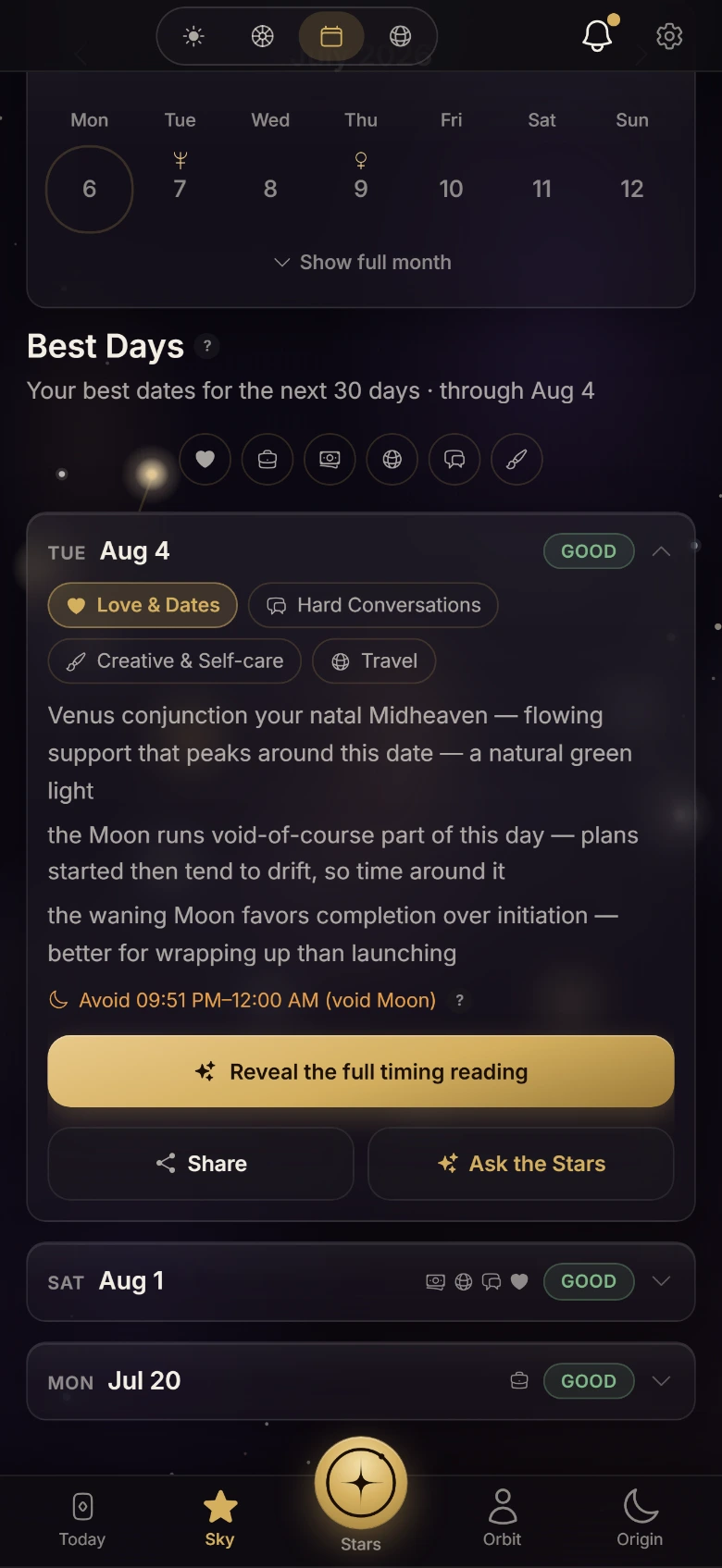 StarBind Best Days calendar with days banded from stellar to fair