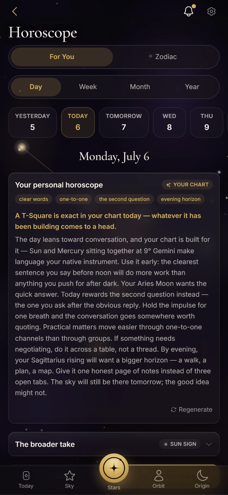 StarBind daily horoscope screen with a transit-personalized reading